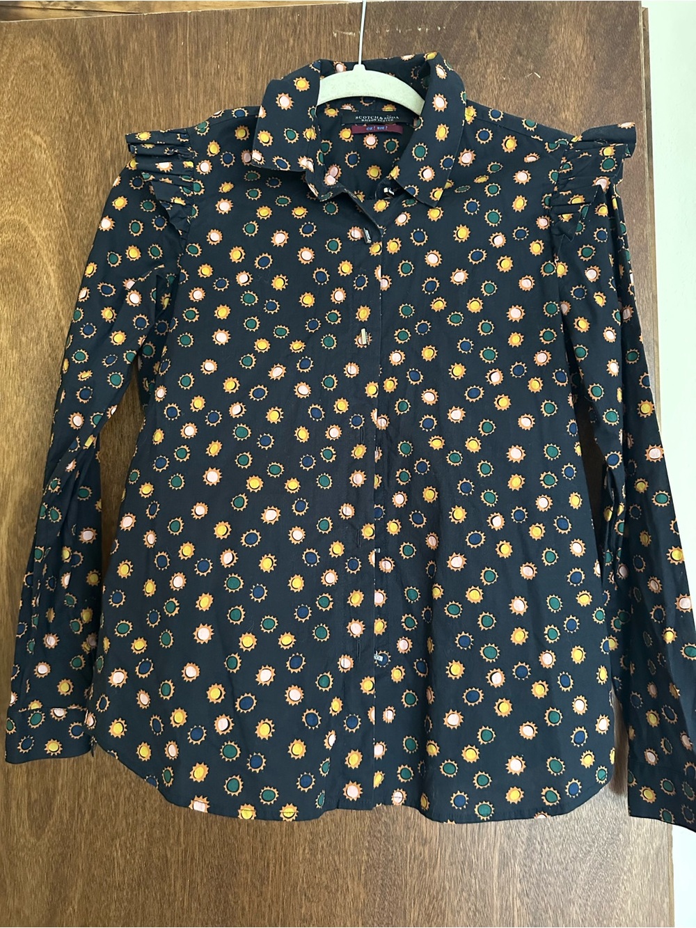 Scotch & Soda Black Button Down Shirt Ruffle Sleeve with ☀️ sun design